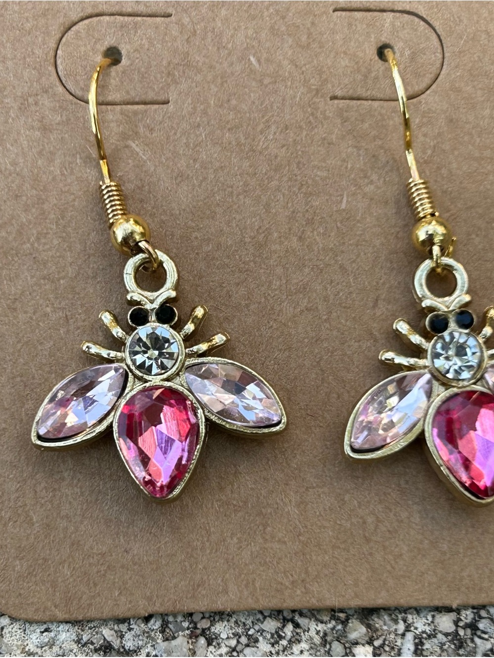 Gold Bee Drop Earrings with Pink and Clear Crystals